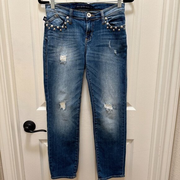 Rock & Republic Denim Jeans Women's Size 4 Blue Low Rise Indee Distress Studded - Picture 1 of 14